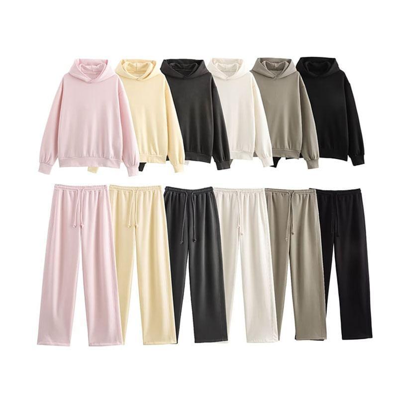 Plain Hoodie / Drawstring Waist Wide Leg Sweatpants product image