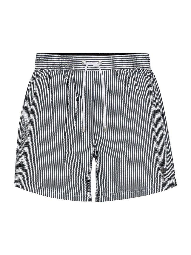 Mens Seersucker Striped Swim Shorts With Logo Badge Product Image