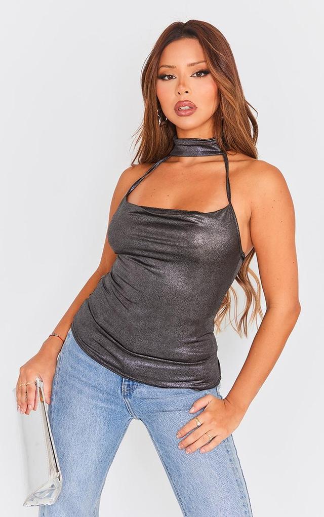 Silver Metallic Cowl Neck Choker Long Top Product Image