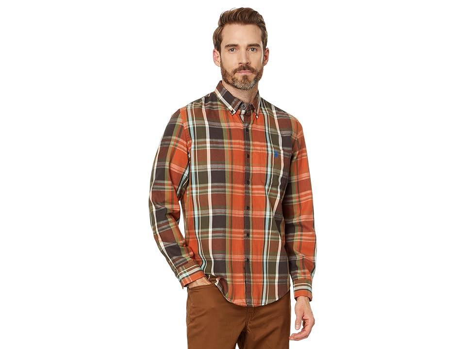 U.S. POLO ASSN. Long Sleeve Classic Fit 1 Pocket Yarn Dye Peached Twill / Red Plaid Woven Shirt (Classic ) Men's Jacket Product Image