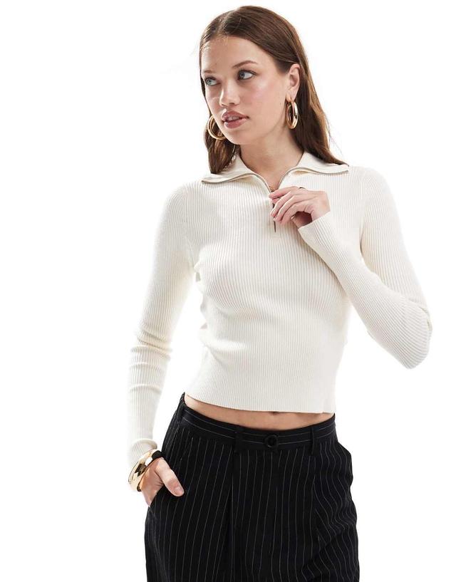 Miss Selfridge rib knit half zip collar detail top in cream Product Image