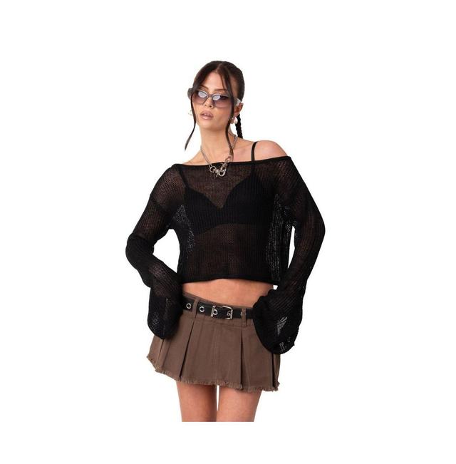 EDIKTED Emmie Off the Shoulder Sheer Sweater in Black at Nordstrom, Size X-Large Product Image