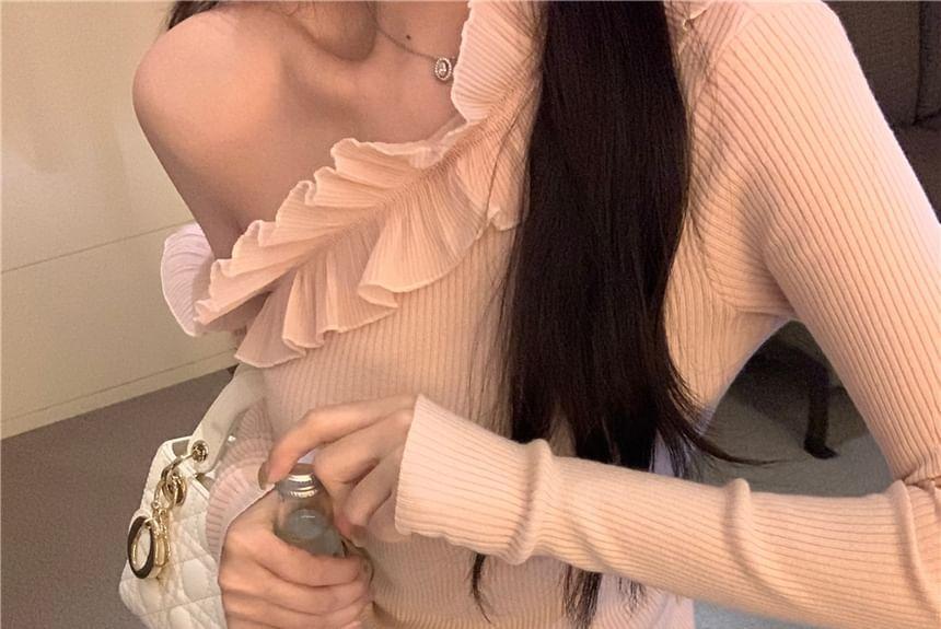 Long-Sleeve One-Shoulder Plain Ruffle Ribbed Knit Top Product Image