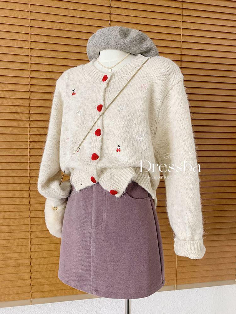 Round Neck Cherry Embroidered Heart Button Cardigan Product Image