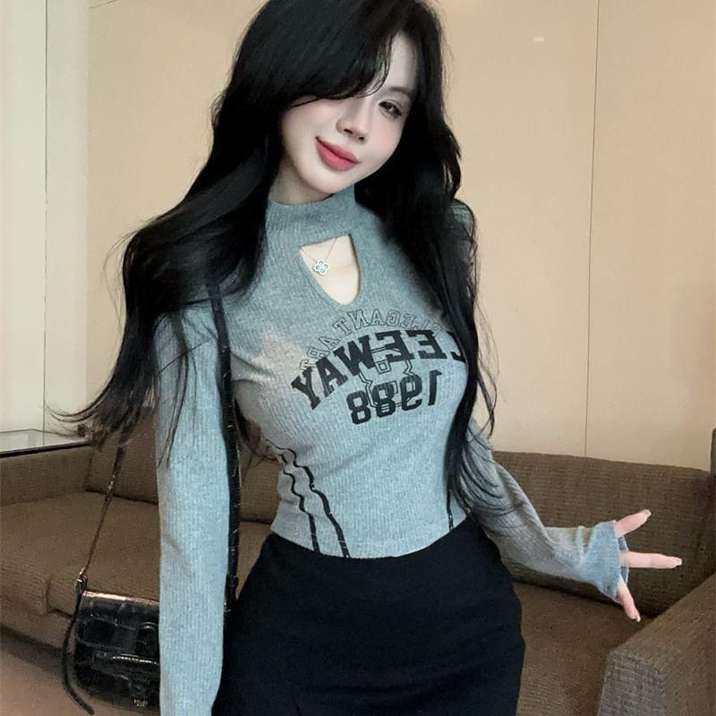 Long Sleeve Turtleneck Lettering Cutout Cropped Top Product Image