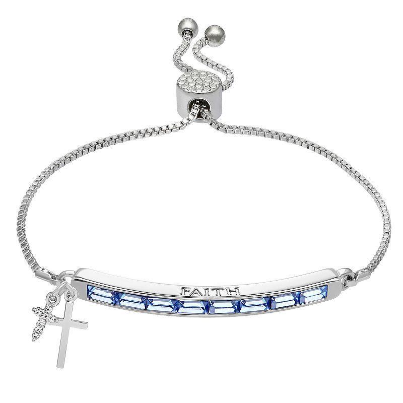 Brilliance Crystal & Sapphire FAITH Adjustable Bracelet with Cross Charms, Womens Silver Tone Product Image