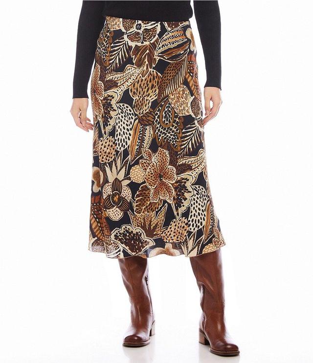 Karen Kane Petite Size Bias Cut Safari Floral Print Midi A-Line Pull-On Skirt Product Image