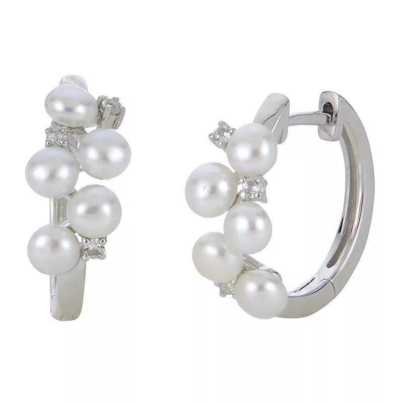 PearLustre by Imperial Sterling Silver Freshwater Cultured Pearl & Lab-Created White Sapphire Cluster Hoop Earrings, Womens Product Image