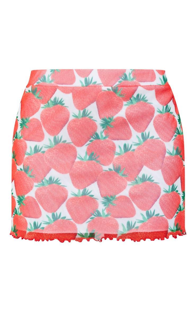 Red Strawberry Printed Lined Mesh Lettuce Hem Mini Skirt Product Image