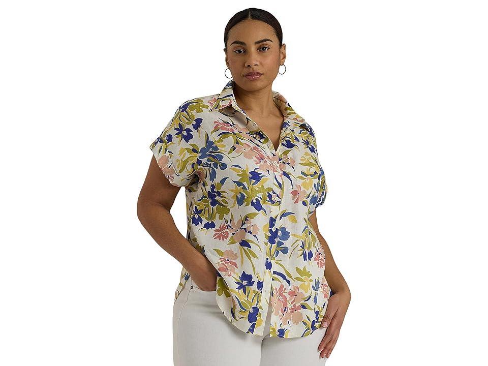 LAUREN Ralph Lauren Plus-Size Relaxed Fit Floral Short-Sleeve Shirt (Cream Multi) Women's Clothing Product Image