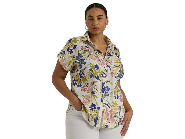 Lauren Ralph Lauren Plus-Size Relaxed Fit Floral Short-Sleeve Shirt (Cream Multi) Women's Clothing Product Image