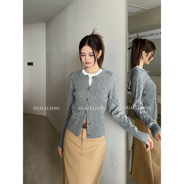 Round Neck Plain Cable Knit Cardigan Product Image