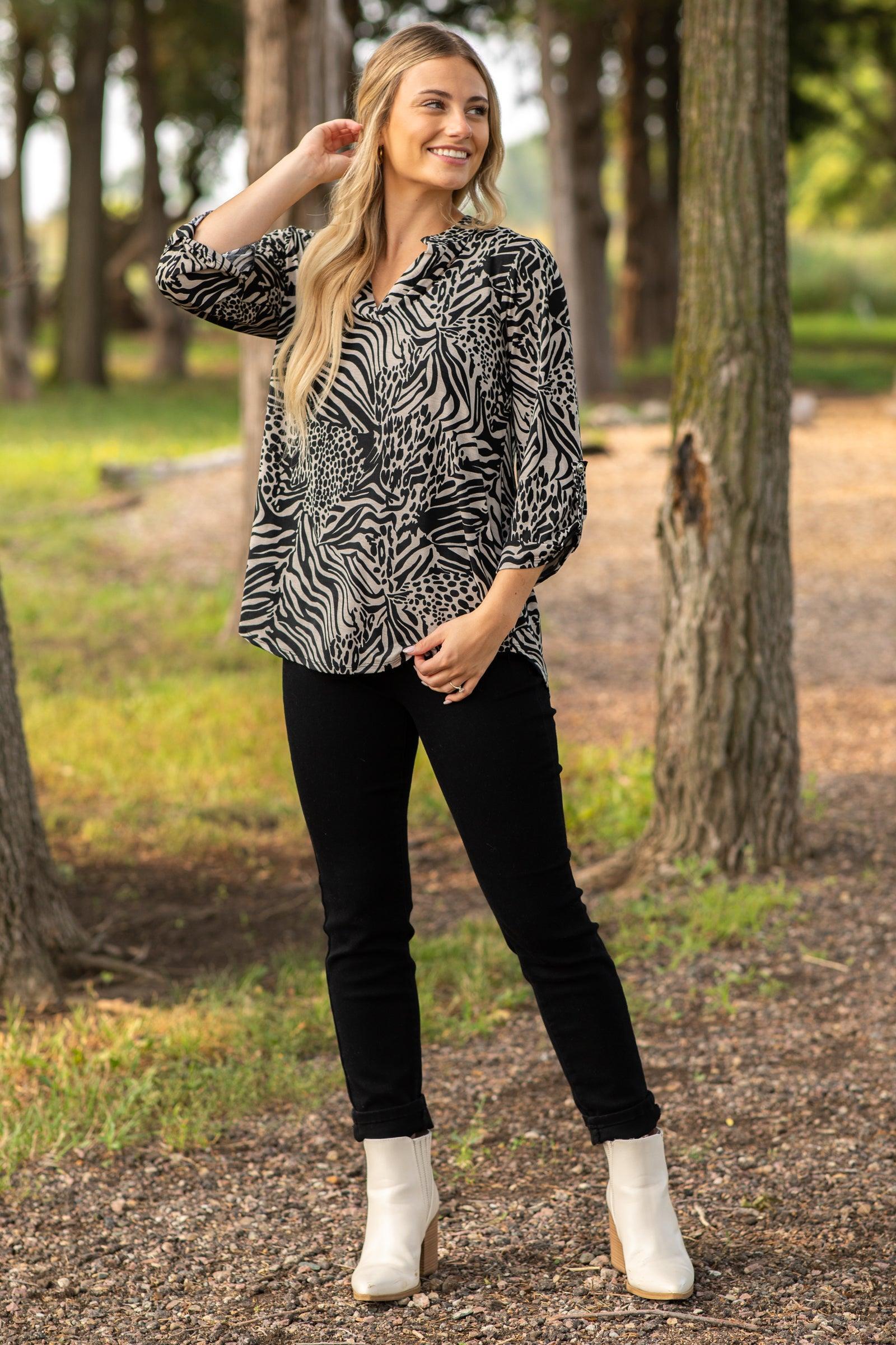 Black Zebra Wrinkle Free Knit Top Product Image