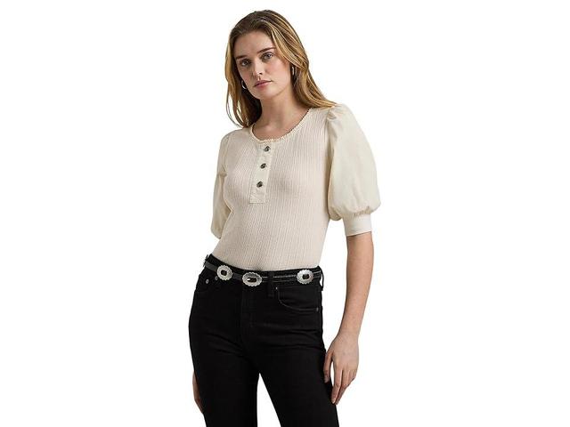 Lauren Ralph Lauren Pointelle Puff Sleeve Henley Tee (Mascarpone Cream) Women's Clothing Product Image