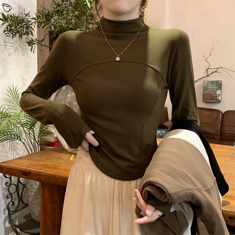 Long-Sleeve Mock Neck Plain T-Shirt Product Image