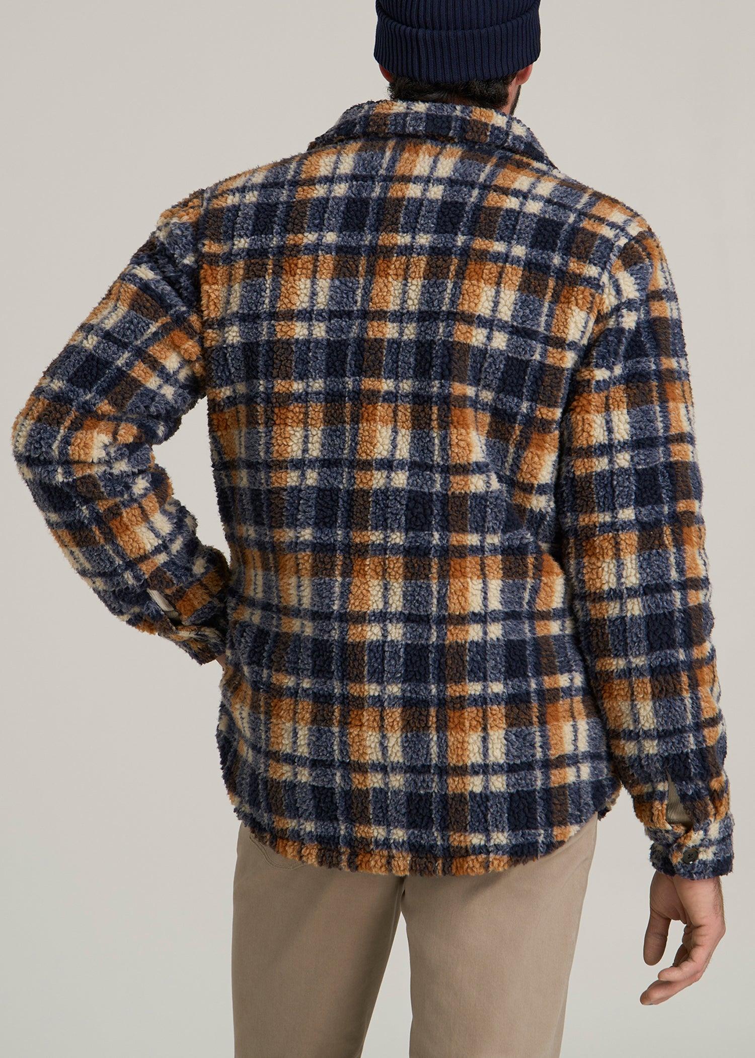 Tall Men's Sherpa Shirt Jacket in Dark Blue and Orange Plaid Male Product Image