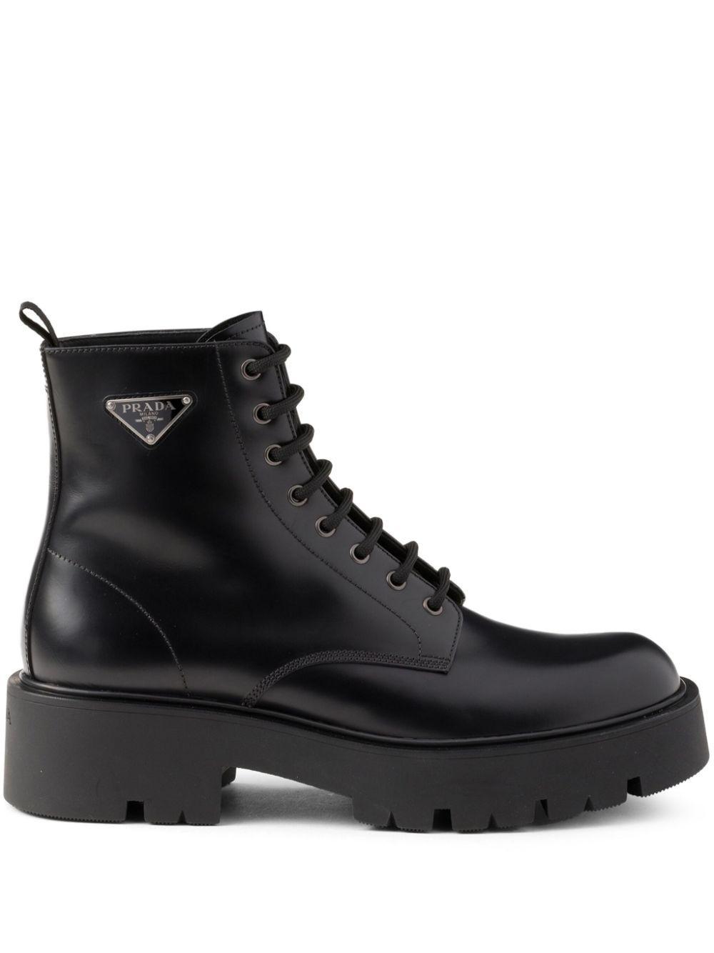 PRADA Logo Plaque Leather Combat Boots In Black Product Image