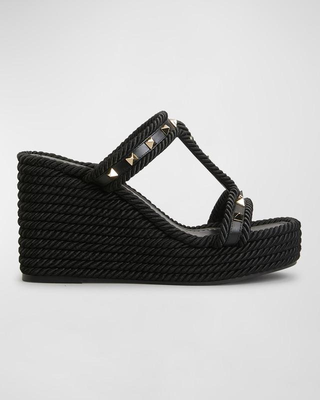 Valentino Rockstud 90 Leather & Rope Wedge Sandal - black - Size: EU 36 Product Image