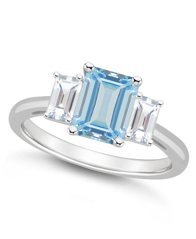 Alyson Layne Sterling Silver 8 mm x 6 mm Emerald Cut Gemstone & White Topaz Three-Stone Ring, Womens Blue Topaz Product Image