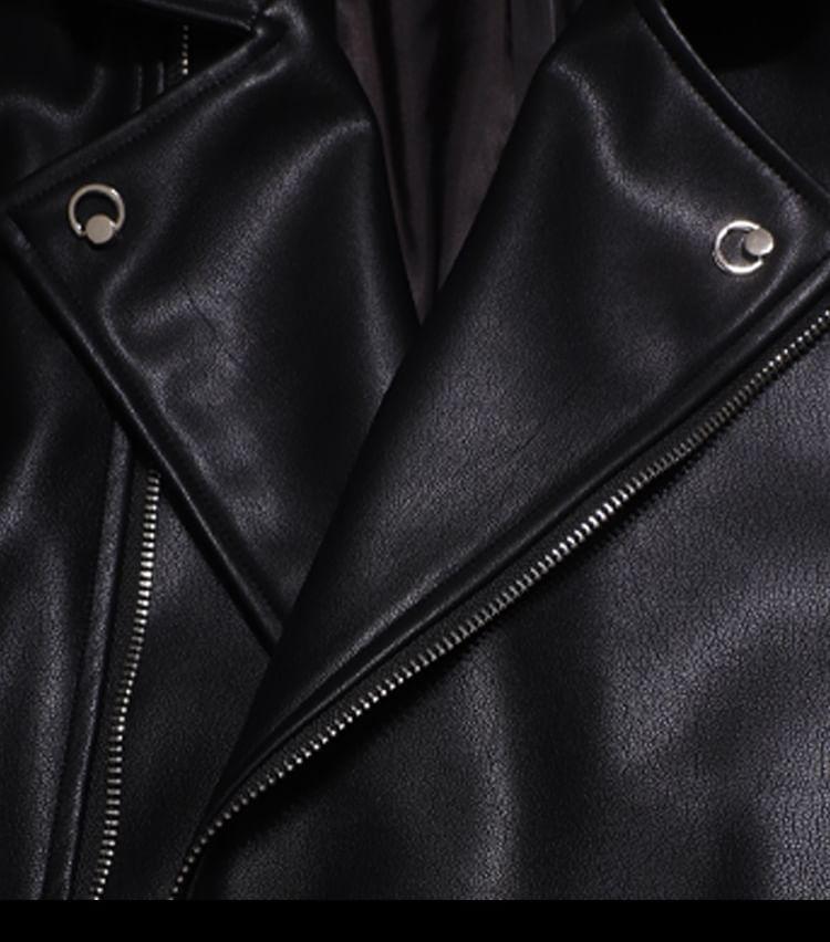 Plain Buckled Faux Leather Zip Jacket Product Image