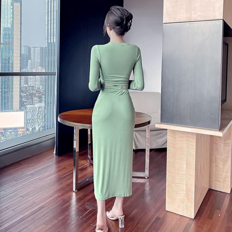 Set: Long-Sleeve Off Shoulder Plain Top + High Waist Asymmetrical Midi Skirt Product Image