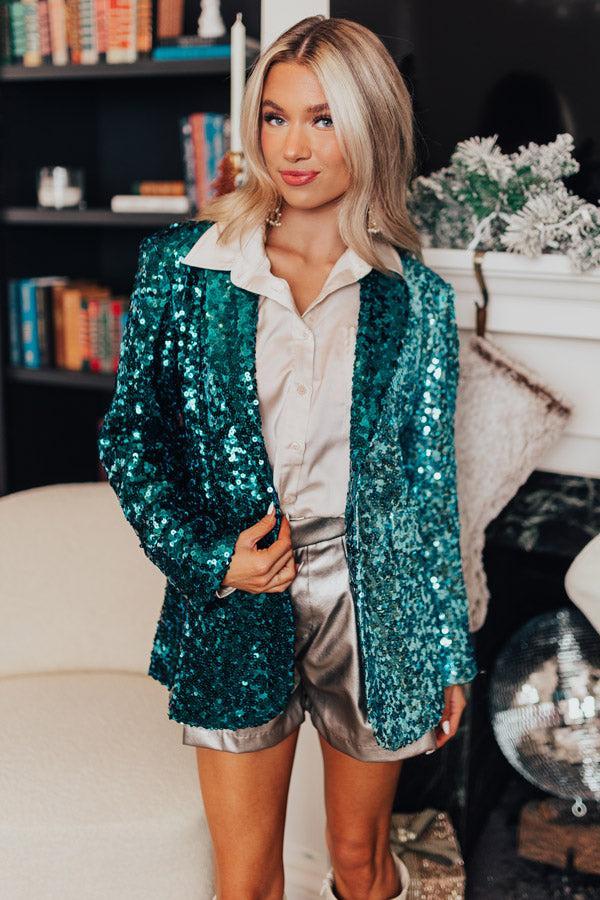 Party Zone Two Tone Sequin Blazer in Teal Product Image