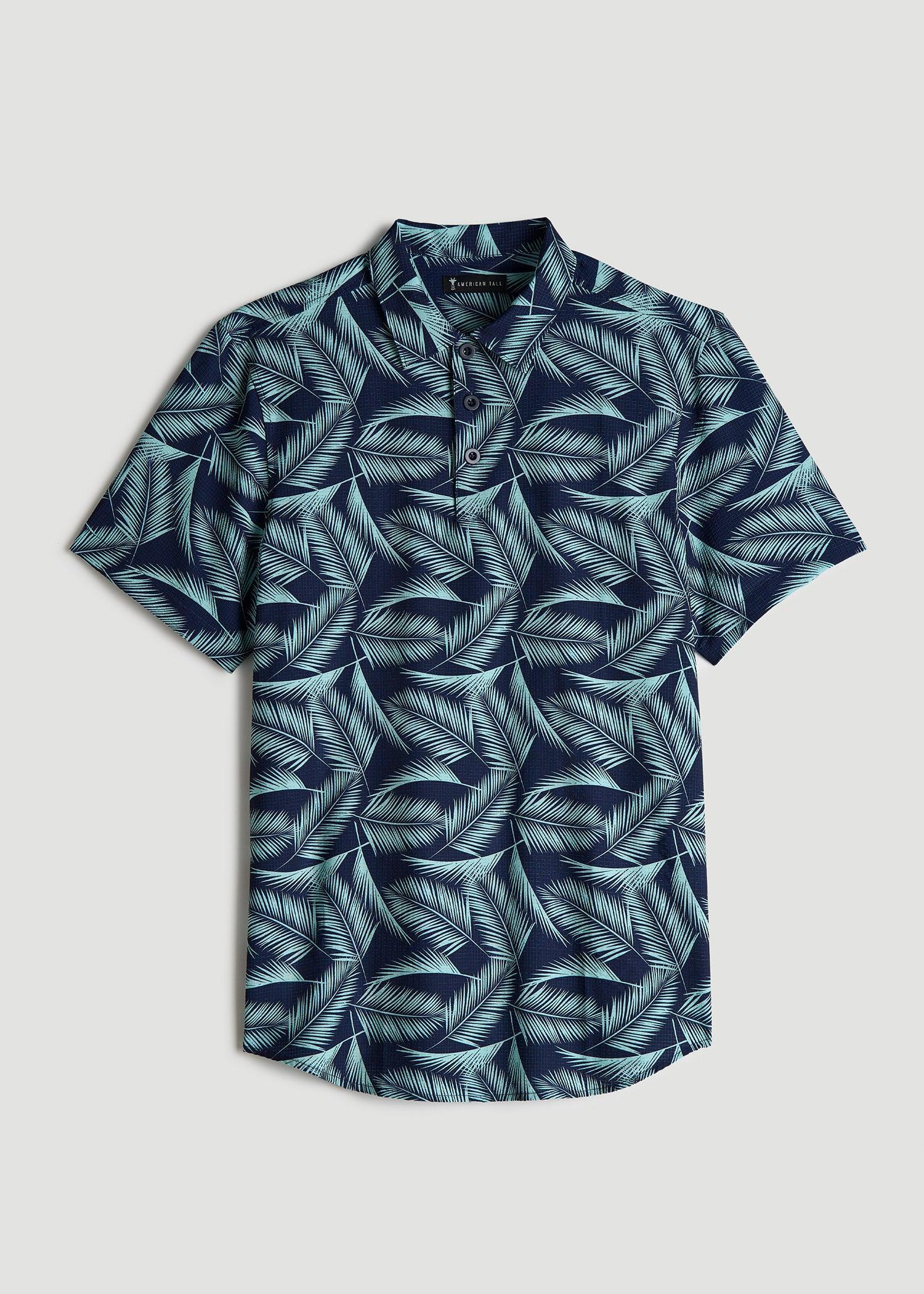 Coastal Perforated Tall Men's Polo Shirt in Navy and Aqua Palms Product Image