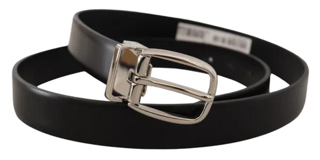 Black Solid Leather Silver Tone Metal Buckle Belt Product Image