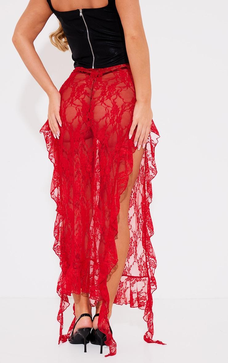 Cherry Red Lace Side Split Ruffle Detail Maxi Skirt Product Image