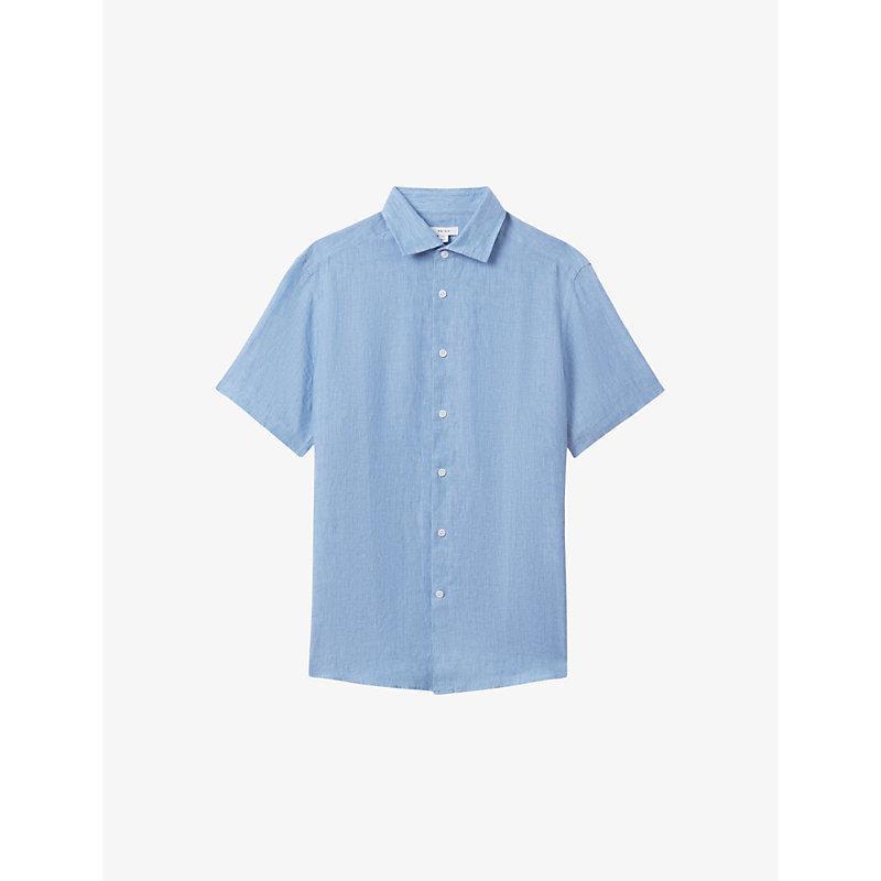 REISS Mens Sky Blue Holiday Regular-fit Short-sleeve Linen Shirt Product Image