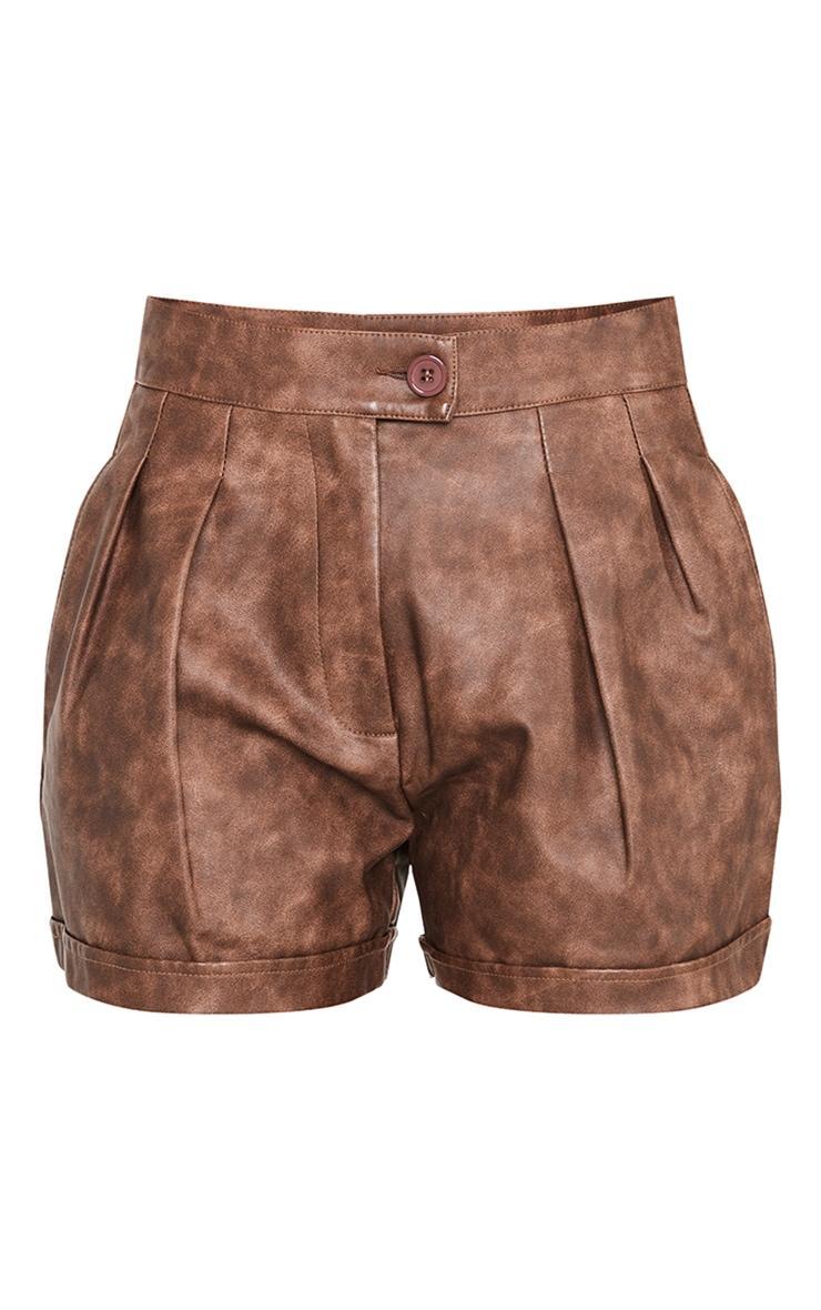 Premium Brown Washed Faux Leather Pleat Detail Shorts Product Image