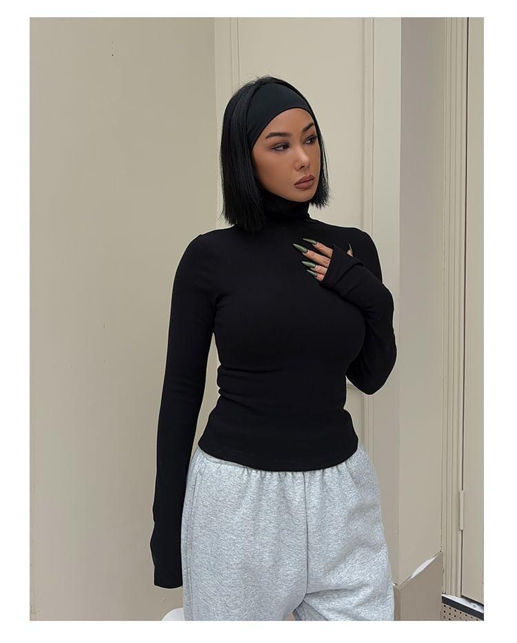 Long-Sleeve Turtleneck Plain T-Shirt Product Image