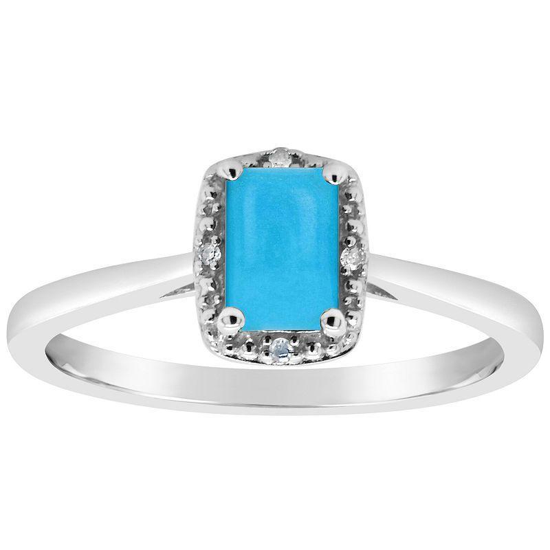 Celebration Gems Sterling Silver 6 mm x 4 mm Emerald Cut Stabilized Turquoise & Diamond Accent Halo Ring, Womens Product Image