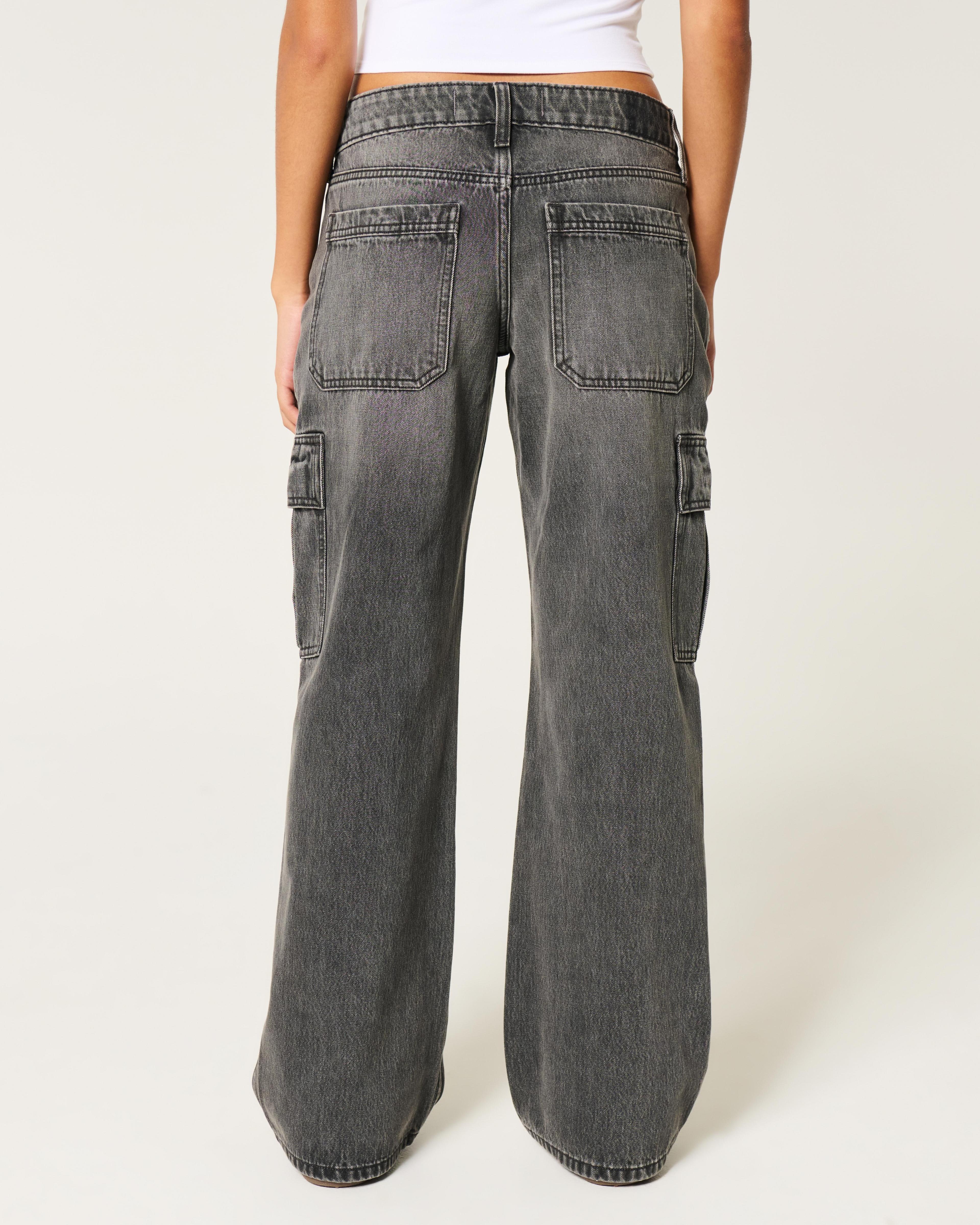 Low-Rise Washed Black Baggy Cargo Jeans Product Image