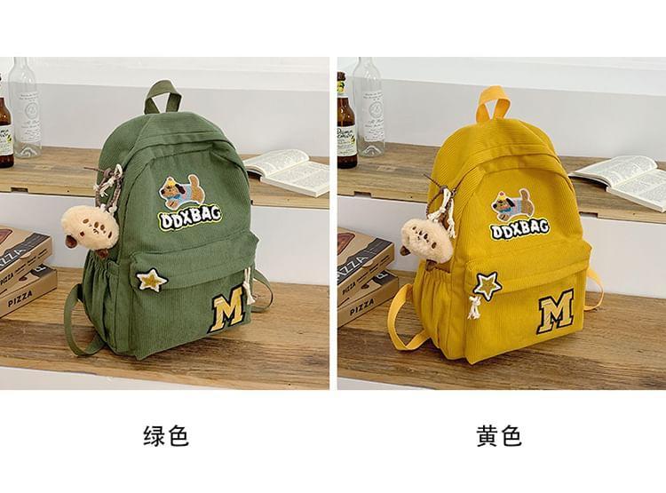 Lettering Embroidered Corduroy Backpack / Bag Charm / Set Product Image