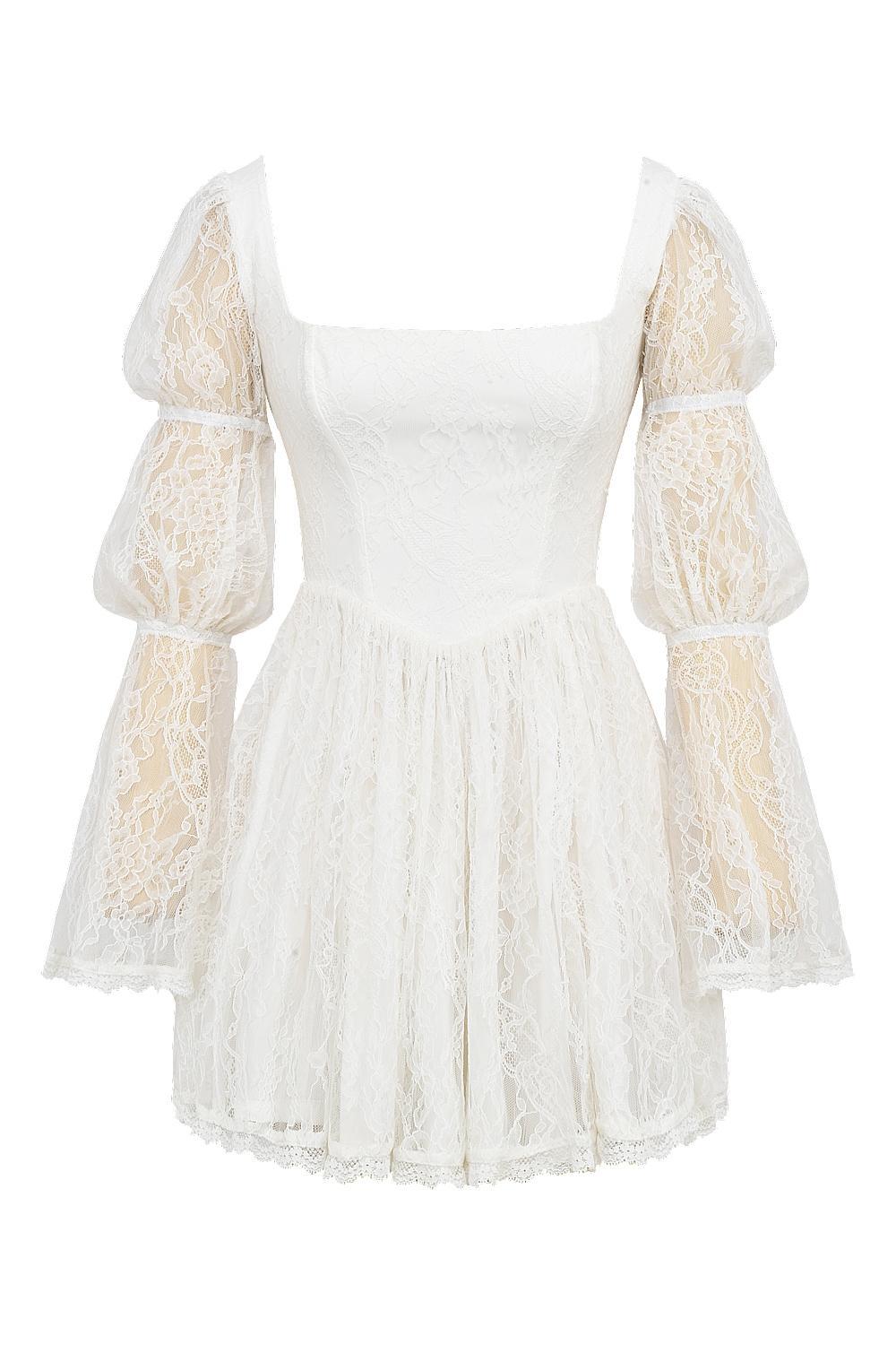 Sancia White Lace Puff Sleeve Mini Dress Product Image