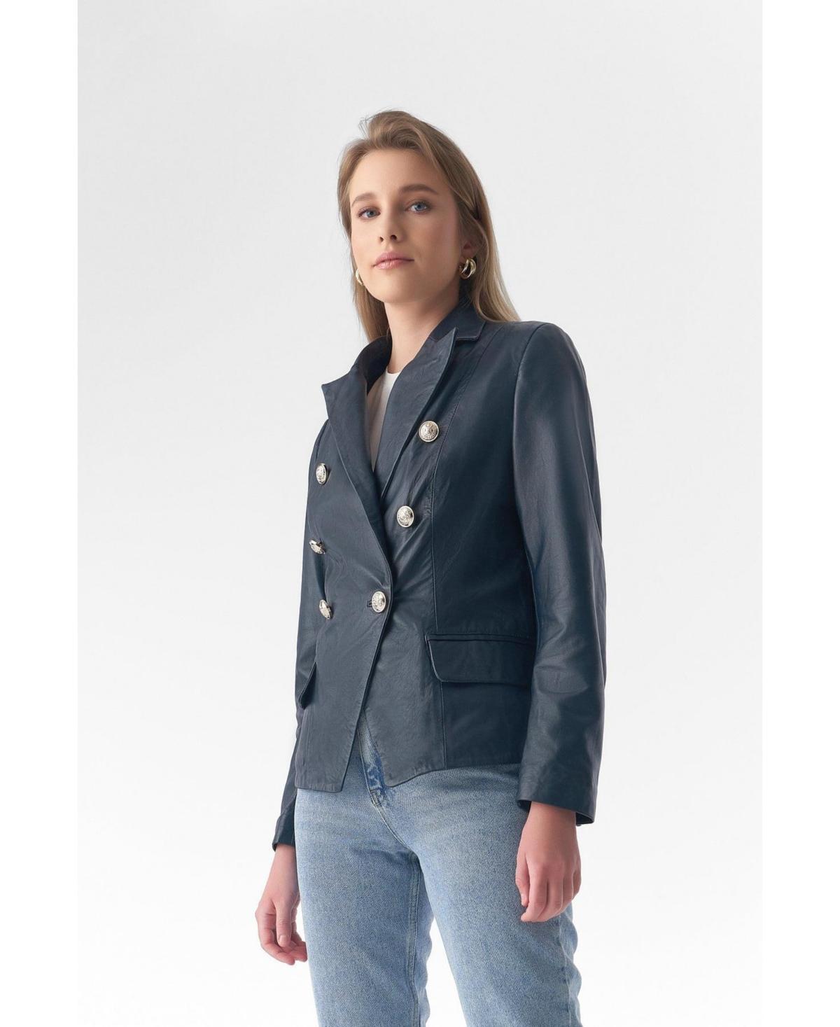 Women's Genuine Leather Blazer Jacket, Navy Product Image