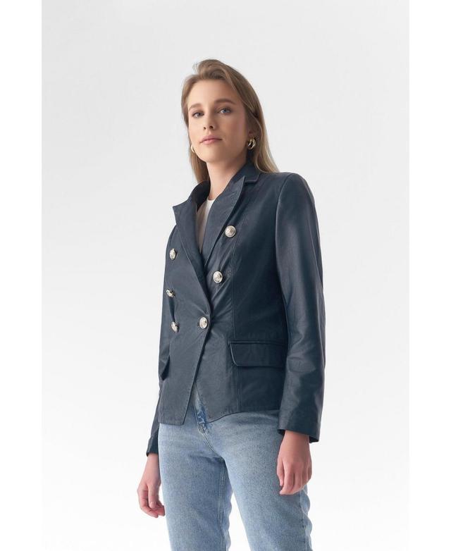 Women's Genuine Leather Blazer Jacket, Navy Product Image