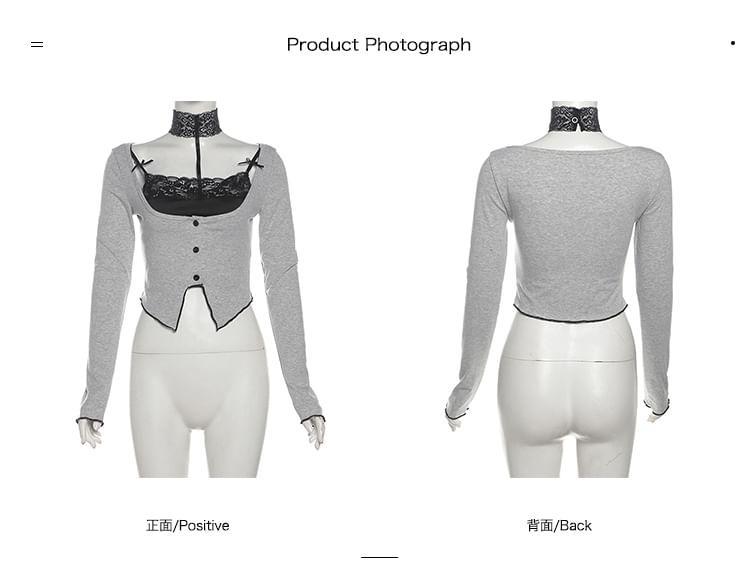 Long-Sleeve Halter Neck Mock Two-Piece Two Tone Lace Panel Bow Accent Crop Top Product Image