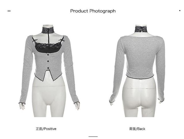 Long-Sleeve Halter Neck Mock Two-Piece Two Tone Lace Panel Bow Accent Crop Top Product Image