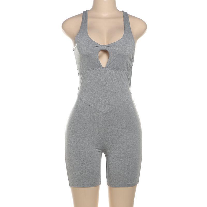 Halter-Neck Caged Back Plain Sports Romper Product Image