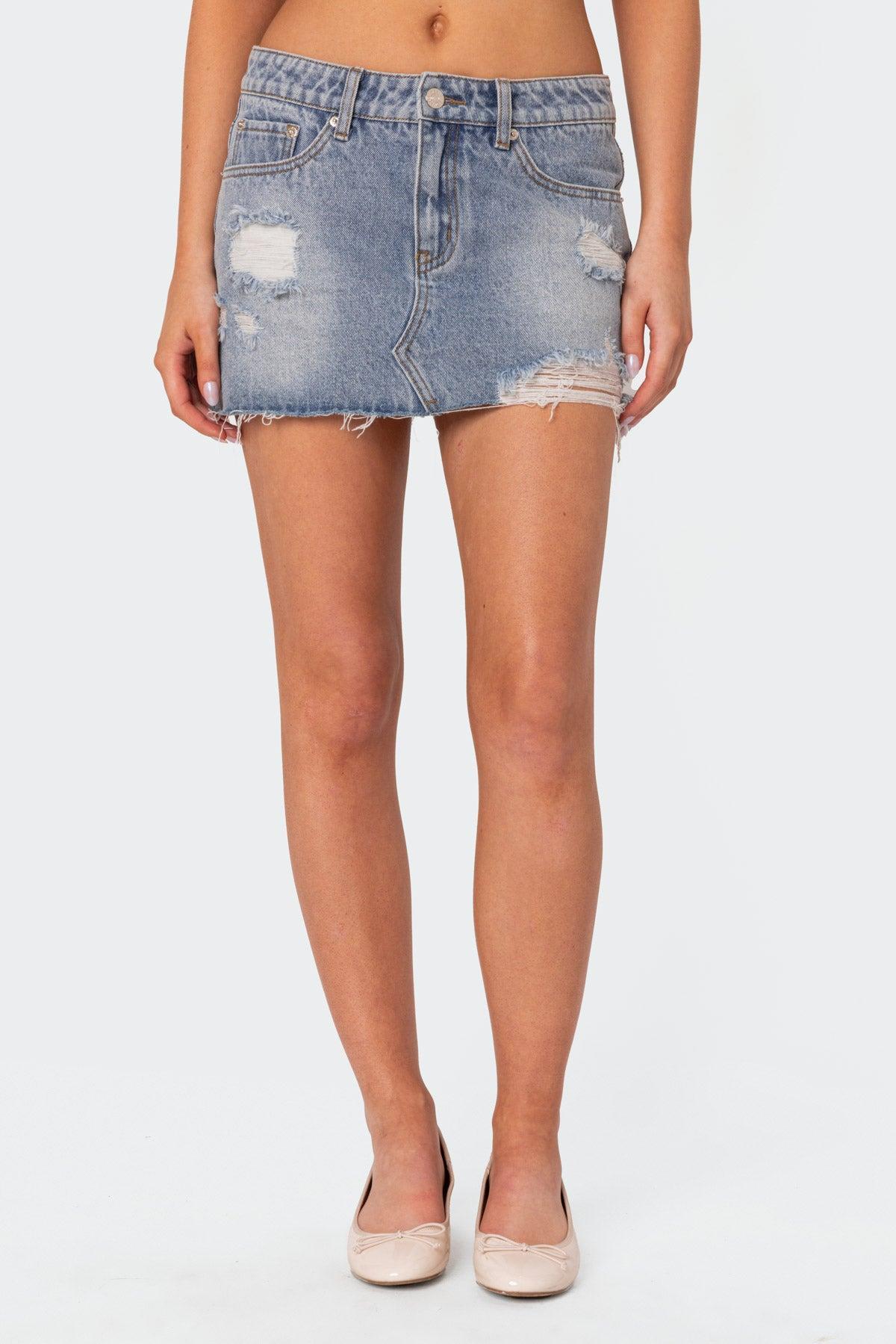 Ginnie Low Rise Distressed Denim Mini Skirt Product Image