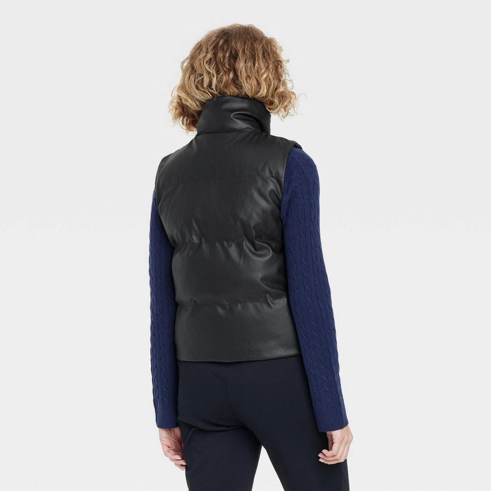 Women's Faux Leather Puffer Vest - A New Day™ Black M Product Image