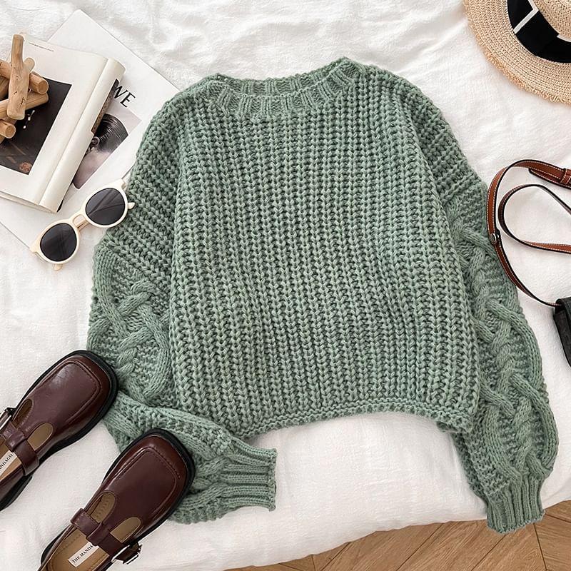 Round Neck Drop Shoulder Plain Cable Knit Crop Sweater Product Image