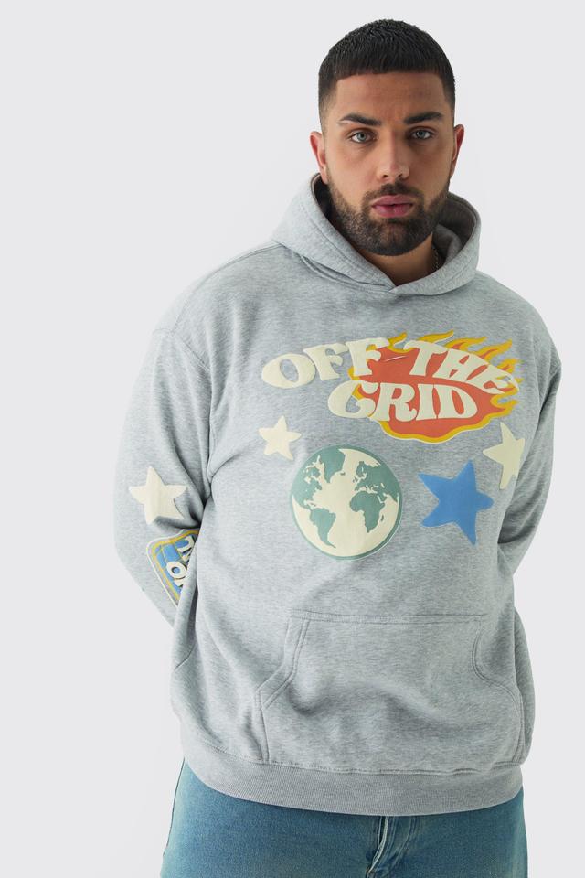 Plus Puff Print Off The Grid Overdyed Hoodie | boohooMAN USA Product Image