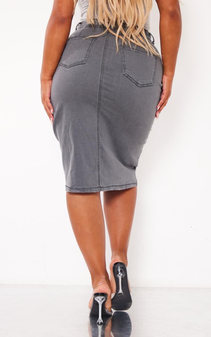 Shape Washed Grey Stretch Denim Frayed Detail Midi Skirt Product Image