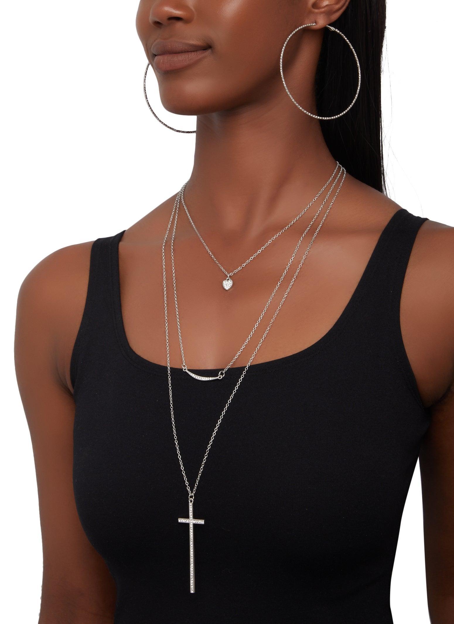 Rhinestone Cross Chain Layered Necklace and Hoop Earrings Female Product Image