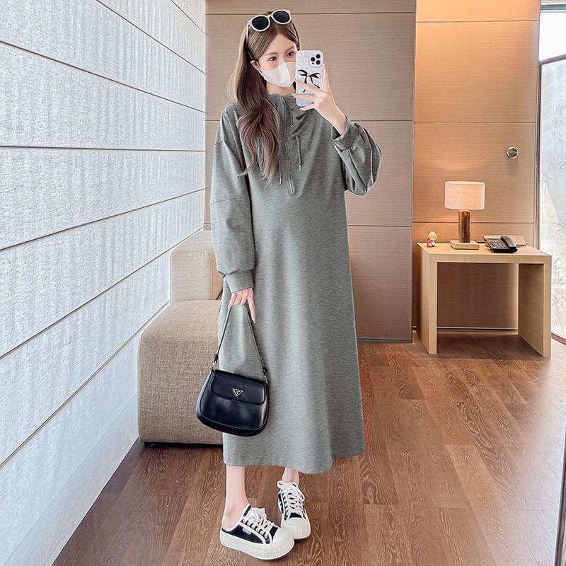 Maternity Long-Sleeve Half-Zip Plain Maxi Sweatshirt Dress Product Image