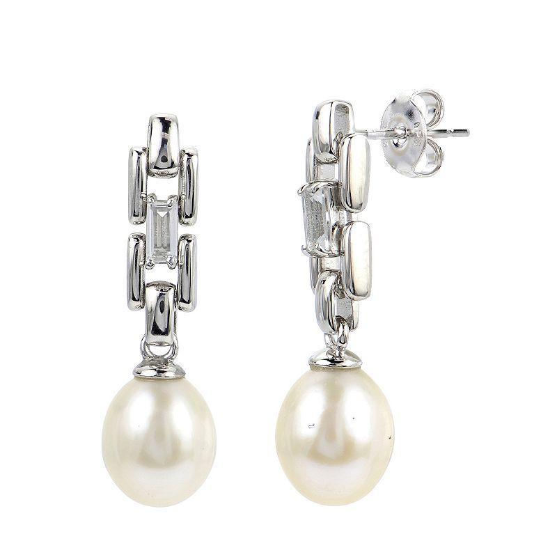 PearLustre by Imperial Sterling Silver Freshwater Cultured Pearl & White Topaz Drop Earrings, Womens product image