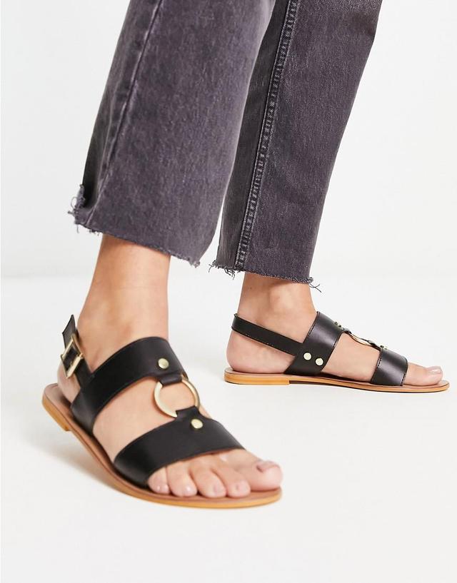 ASOS DESIGN Fancy leather ring and stud detail flat sandals Product Image